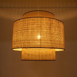 GloboStar® BRAVADO 02387 Boho Κρεμαστό Φωτιστικό Οροφής Μονόφωτο 1 x E27 AC220-240V IP20 – Φ70 x Υ58cm – Καφέ με Μπεζ Μπαμπού Πλέγμα – 5 Χρόνια Εγγύηση