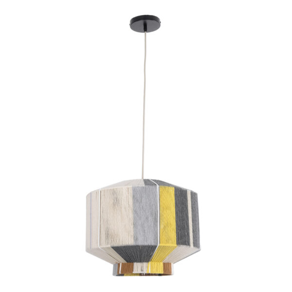 GloboStar® SALERNO 02388 Boho Κρεμαστό Φωτιστικό Οροφής Μονόφωτο 1 x E27 AC220-240V IP20 – Φ40 x Υ35cm – Γρι με Κίτρινο και Μπεζ – Καφέ με Μωβ Λεπτομέρεια Λεπτό Νήμα Πλέγμα Βαμβακερό Καπέλο