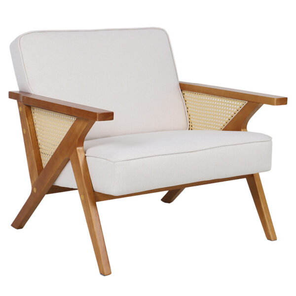 Armchair Claudia pakoworld fabric beige-pvc rattan-rubberwood natural 046-000019