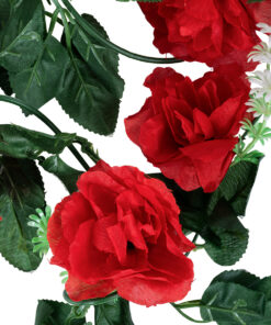GloboStar® 78129 Τεχνητό Κρεμαστό Φυτό Διακοσμητική Γιρλάντα Λουλουδιών με 10 Κόκκινα Τριαντάφυλλα & Πράσινο Φύλλωμα M20 x Υ220 x Π20cm