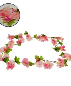GloboStar® 78100 Τεχνητό Κρεμαστό Φυτό Διακοσμητική Γιρλάντα Λουλουδιών με 18 Ροζ Λευκά Άνθη Κερασιάς & Πράσινο Φύλλωμα M20 x Υ220 x Π20cm
