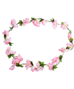 GloboStar® 78100 Τεχνητό Κρεμαστό Φυτό Διακοσμητική Γιρλάντα Λουλουδιών με 18 Ροζ Λευκά Άνθη Κερασιάς & Πράσινο Φύλλωμα M20 x Υ220 x Π20cm