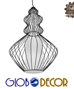 GloboStar® LILY 01558 Vintage Industrial Κρεμαστό Φωτιστικό Οροφής Μονόφωτο Μαύρο Μεταλλικό Πλέγμα και Υφασμάτινο Εσωτερικό Καπέλο Φ40 x Υ60cm