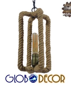 GloboStar® ELDORA 10001014 Vintage Industrial Κρεμαστό Φωτιστικό Οροφής Μονόφωτο 1 x E27 Μαύρο Μεταλλικό με Μπεζ Σχοινί Φ13 x Y30cm