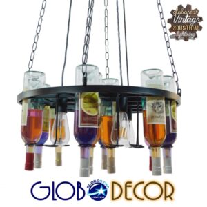 GloboStar® VINEYARD 10001139 Vintage Κρεμαστό Φωτιστικό Οροφής Πολύφωτο 4 x E27 Μαύρο Μεταλλικό με Γυάλινα Μπουκάλια Πολυέλαιος Φ60 x Y20cm