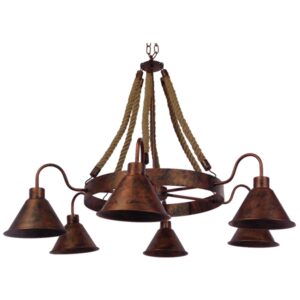 GloboStar® CAMELOT 10001191 Vintage Κρεμαστό Φωτιστικό Οροφής Πολύφωτο 6 x E27 Καφέ Σκουριά Μεταλλικό Πολυέλαιος με Μπεζ Σχοινί Φ92 x Y118cm