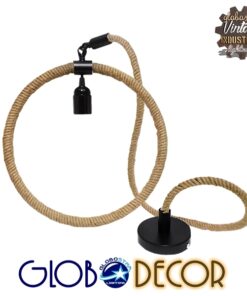 GloboStar® MALVERN 10001239 Vintage Industrial Κρεμαστό Φωτιστικό Οροφής Μονόφωτο 1 x E27 Μαύρο Μεταλλικό με Μπεζ Σχοινί Μ34 x Π22 x Υ34cm