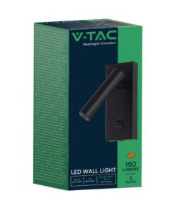 Επιτοίχιο φωτιστικό κομοδίνου LED 2W 3000K με διακόπτη Mαύρου Χρώματος V-TAC – 10286