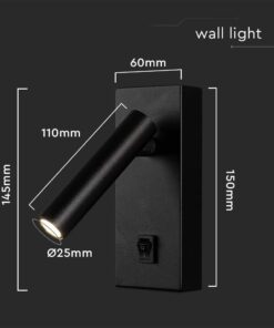 Επιτοίχιο φωτιστικό κομοδίνου LED 2W 3000K με διακόπτη Mαύρου Χρώματος V-TAC – 10286