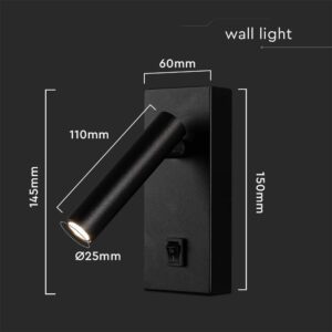 Επιτοίχιο φωτιστικό κομοδίνου LED 2W 3000K με διακόπτη Mαύρου Χρώματος V-TAC – 10286