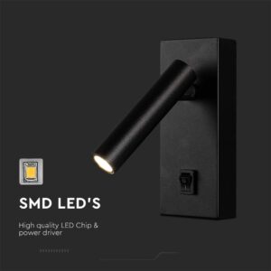Επιτοίχιο φωτιστικό κομοδίνου LED 2W 3000K με διακόπτη Mαύρου Χρώματος V-TAC – 10286