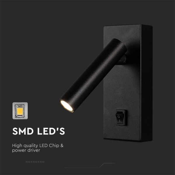 Επιτοίχιο φωτιστικό κομοδίνου LED 2W 3000K με διακόπτη Mαύρου Χρώματος V-TAC – 10286