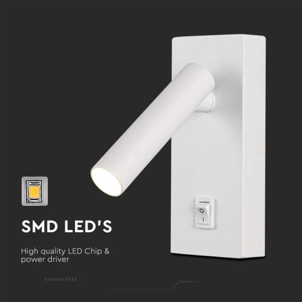 Επιτοίχιο φωτιστικό κομοδίνου LED 2W 3000K με διακόπτη Λευκού Χρώματος V-TAC – 10288