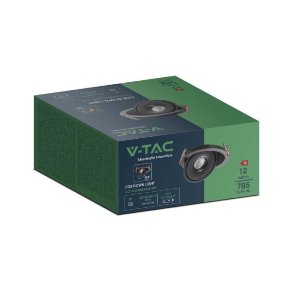 Φωτιστικό Oροφής Xωνευτό COB 12W 3 σε 1 CCT Μαύρου Χρώματος V-TAC – 10578