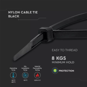 Δεματικό καλωδίων – tie wrap, 2.5 x 200mm σε μαύρο χρώμα,  συσκευασία 100 τεμαχίων V-TAC – 11164