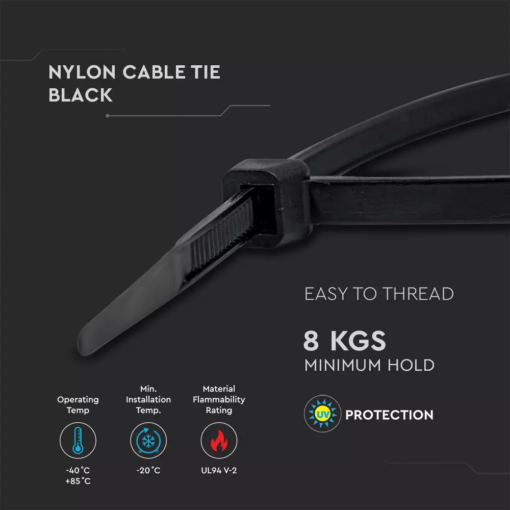 Δεματικό καλωδίων – tie wrap, 2.5 x 200mm σε μαύρο χρώμα,  συσκευασία 100 τεμαχίων V-TAC – 11164