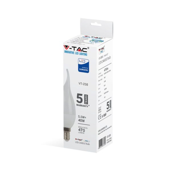 LED Λάμπα E14 Φλόγα 5.5W V-TAC PRO Samsung Chip 200° 470lm Θερμό 3000K – 117