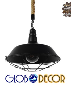 GloboStar® CRANE 01109 Vintage Industrial Κρεμαστό Φωτιστικό Οροφής Μονόφωτο 1 x E27 Μαύρο Μεταλλικό Καμπάνα Πλέγμα με Μπεζ Σχοινί Φ36 x Y25cm