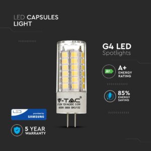LED Λάμπα G4 3.2W V-TAC PRO Samsung Chip 300° 12V 385lm Ψυχρό Λευκό 6400K – 133
