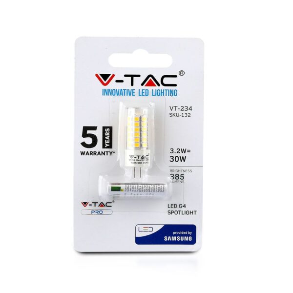 LED Λάμπα G4 3.2W V-TAC PRO Samsung Chip 300° 12V 385lm Ψυχρό Λευκό 6400K – 133