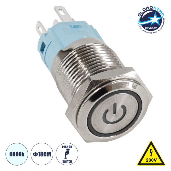 GloboStar® 70775 LED Φωτιζόμενος Διακόπτης Χωνευτός – Μπουτόν PUSH On Ανοξείδωτος AC 220-240V Αδιάβροχο IP67 Φ18mm με Angel Eye Ψυχρό Λευκό 6000K