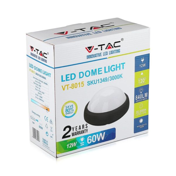 LED Φωτιστικό Πλαφονιέρα 12W V-TAC Στρογγυλό Μαύρο Αδιάβροχο IP65 Θερμό Λευκό 3000Κ – 1349