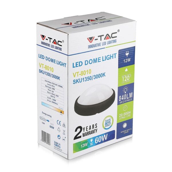 LED Φωτιστικό Πλαφονιέρα 12W V-TAC Οβάλ Μαύρο Αδιάβροχο IP65 Θερμό Λευκό 3000Κ – 1350