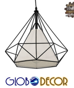 GloboStar® KAIRI 01618 Μοντέρνο Industrial Κρεμαστό Φωτιστικό Οροφής Μονόφωτο 1 x E27 Μαύρο με Άσπρο Ύφασμα Μεταλλικό Πλέγμα Φ38 x Υ39cm