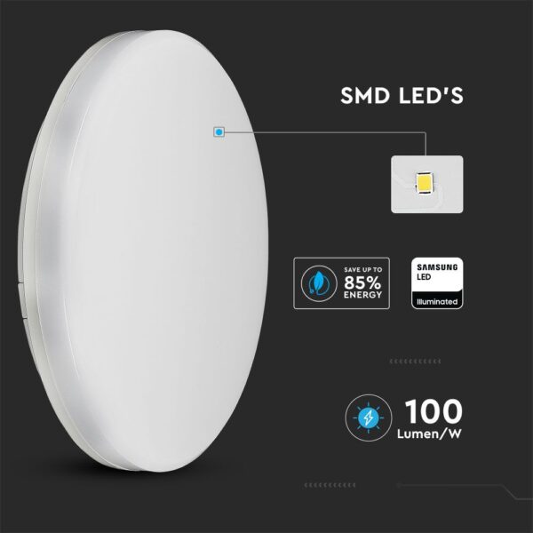 LED Πλαφονιέρα Λευκή 15W V-TAC PRO Samsung Chip IP44 110° 1850lm Φ200 Θερμό 3000K – 2113889
