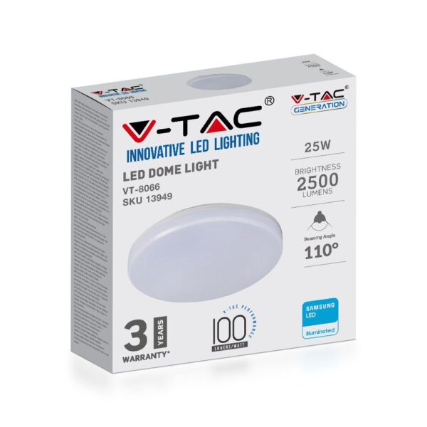 LED Πλαφονιέρα Λευκή 25W V-TAC PRO Samsung Chip IP44 110° 2500lm Φ300 Θερμό 3000K – 13929