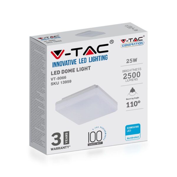 LED Πλαφονιέρα Λευκή 25W V-TAC PRO Samsung Chip IP44 110° 2500lm 30×30 Θερμό 3000K – 13959