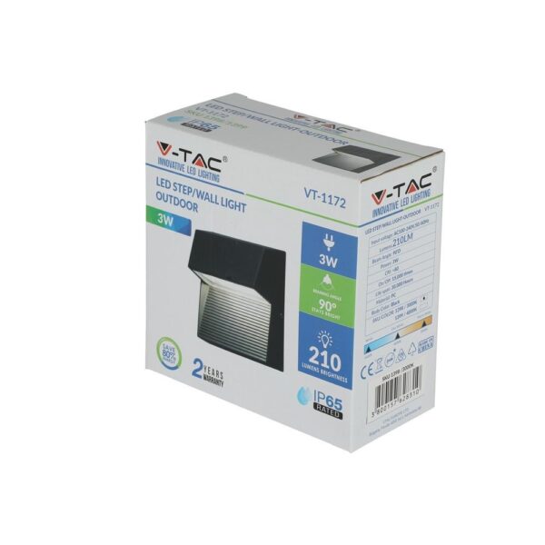 Επιτοίχιο Φωτιστικό LED για Σκαλοπάτια 3W V-TAC Μαύρο Τετράγωνο Αδιάβροχο IP65 Θερμό Λευκό 3000K – 1398