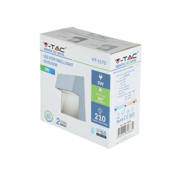 Επιτοίχιο Φωτιστικό LED για Σκαλοπάτια 3W V-TAC Γκρι Τετράγωνο Αδιάβροχο IP65 Θερμό Λευκό 3000K – 1400