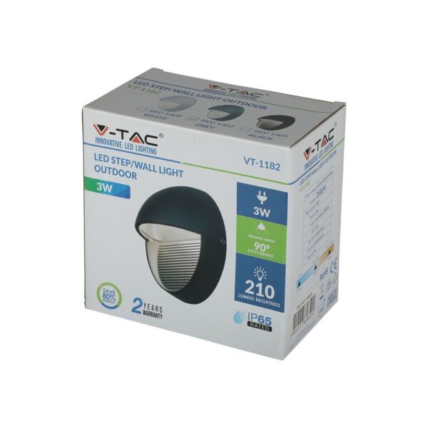 Επιτοίχιο Φωτιστικό LED για Σκαλοπάτια 3W V-TAC Γκρι Στρογγυλό Αδιάβροχο IP65 Θερμό Λευκό 3000K – 1406