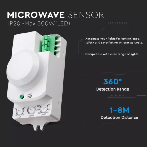 Ανιχνευτής κίνησης Microwave Max 300W Λευκό με λειτουργία παράκαμψης V-TAC – 1446