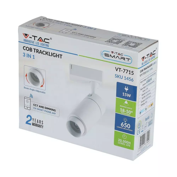 LED φωτιστικό ράγας COB 15W με επιλογή φωτός και γωνίας δέσμης Dimmable μέσω smart phone λευκό V-TAC- 1456