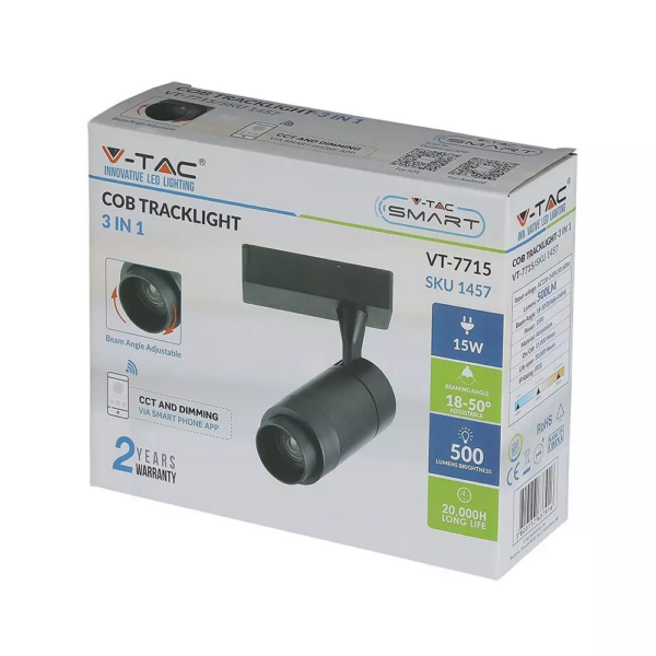 LED φωτιστικό ράγας COB 15W με επιλογή φωτός και γωνίας δέσμης Dimmable μέσω smart phone μαύρο V-TAC – 1457