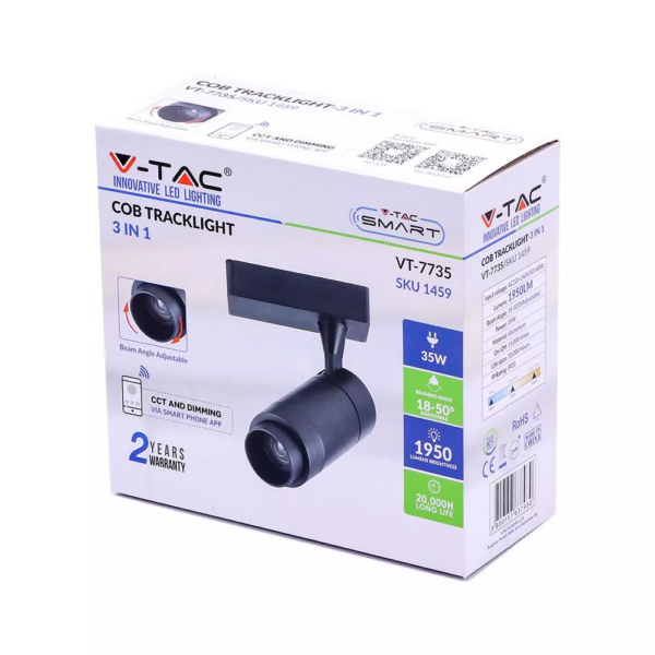 LED Φωτιστικό Ράγας COB 35W με Επιλογή Φωτός και Γωνίας Δέσμης 16°~53° Dimmable Μέσω Smart Phone Μαύρο 3000-6400K V-TAC – 1459