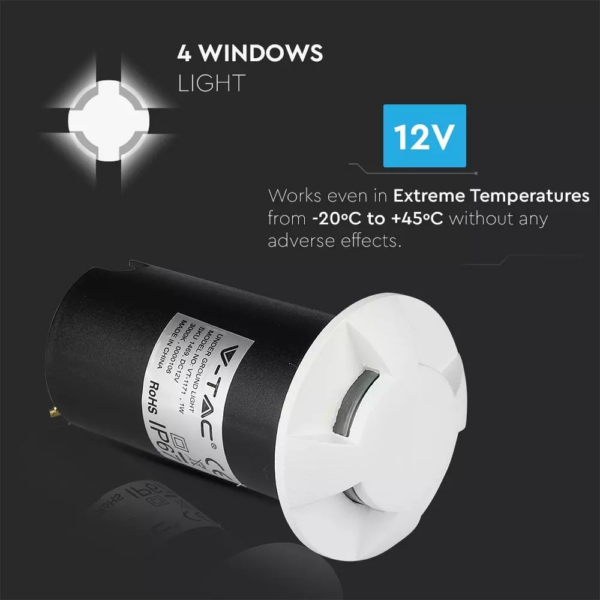Χωνευτό φωτιστικό LED σκάλας 1W Στρογγυλό μαύρο, λευκο 4000K Φυσικό λευκό IP67 με τέσσερα ανοίγματα V-TAC – 1471