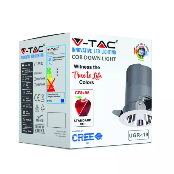 LED φωτιστικό οροφής χωνευτό στρογγυλό Cree LED 6W 4000K Φυσικό λευκό ρυθμιζόμενο CRI>95 V-TAC – 1480