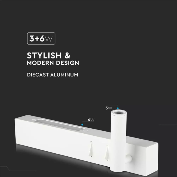 LED επιτοίχιο φωτιστικό κομοδίνου 3+6W σε λευκό σώμα για ξενοδοχεία V-TAC – 1488