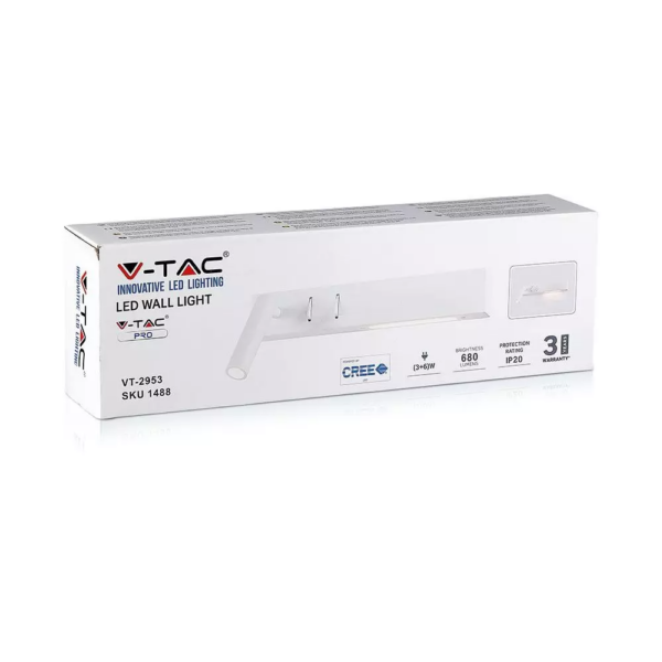 LED επιτοίχιο φωτιστικό κομοδίνου 3+6W σε λευκό σώμα για ξενοδοχεία V-TAC – 1488