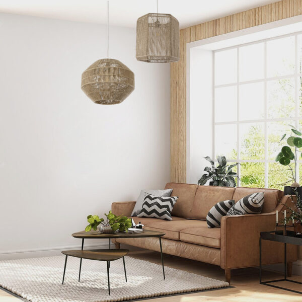 GloboStar® CAYMAN 00522 Boho Κρεμαστό Φωτιστικό Οροφής Μονόφωτο 1 x E27 AC220-240V IP20 – Φ40 x Υ30cm – Μπεζ Λεπτό Σχοινί Τριχιά Πλέγμα – 5 Χρόνια Εγγύηση