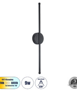 GloboStar® DIADEM 61329 Φωτιστικό Τοίχου – Απλίκα Design LED CCT 9W 1080lm 120° AC 220-240V – Εναλλαγή Φωτισμού μέσω Διακόπτη On/Off All In One Ψυχρό 6000k+Φυσικό 4500k+Θερμό 2700k Μ10 x Π4 x Υ60cm – Μαύρο – 3 Years Warranty