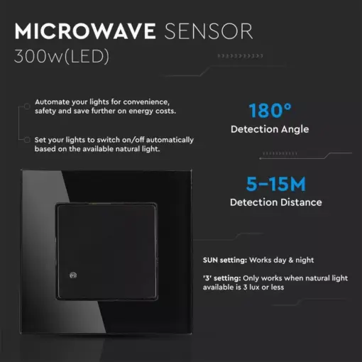 Ανιχνευτής κίνησης χωνευτός Microwave Max 300W LED Μαύρος V-TAC – 15031