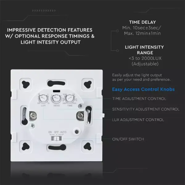 Ανιχνευτής κίνησης χωνευτός Microwave Max 300W LED Μαύρος V-TAC – 15031