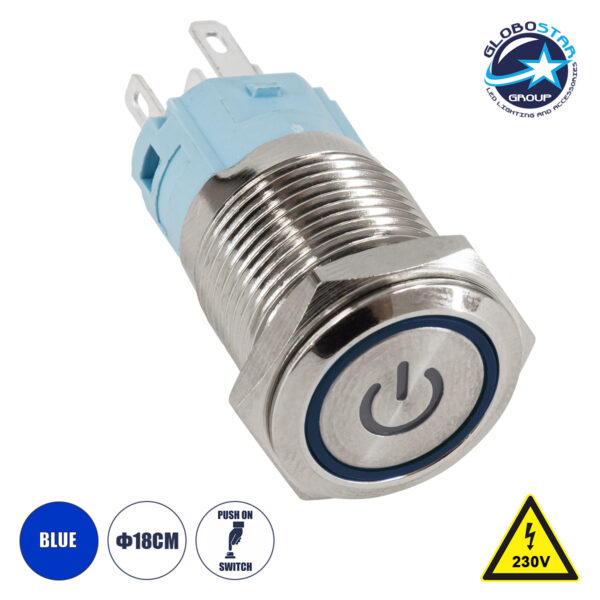 GloboStar® 70778 LED Φωτιζόμενος Διακόπτης Χωνευτός – Μπουτόν PUSH On Ανοξείδωτος AC 220-240V Αδιάβροχο IP67 Φ18mm με Angel Eye Μπλε