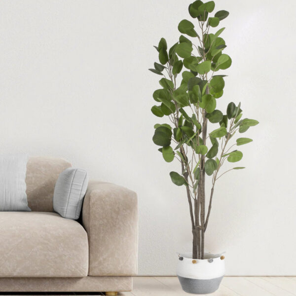 GloboStar® Artificial Garden KYTHNOS 20314 Διακοσμητικό Πλεκτό Καλάθι – Κασπώ Γλάστρα – Flower Pot Γκρι με Λευκό Φ29cm x Υ28cm