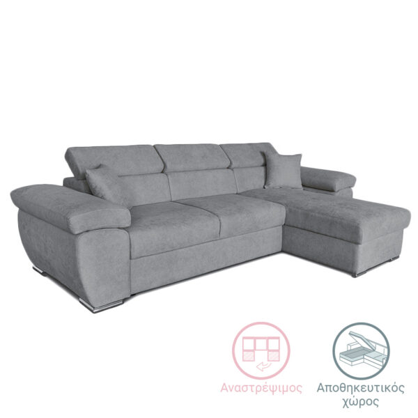 Corner sofa-bed reversible Comy pakoworld fabric gray 286x160x75-90cm 166-000008