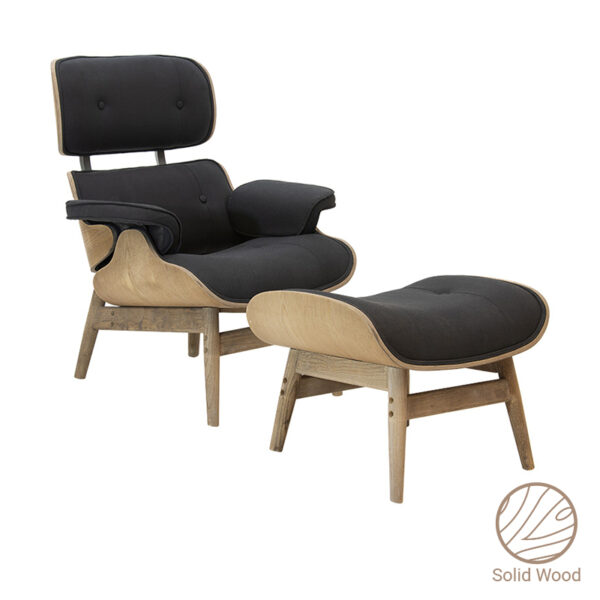 Relax armchair Mirto pakoworld with footstoo solid wood walnut-fabric black 80x80x96,5cm 167-000008